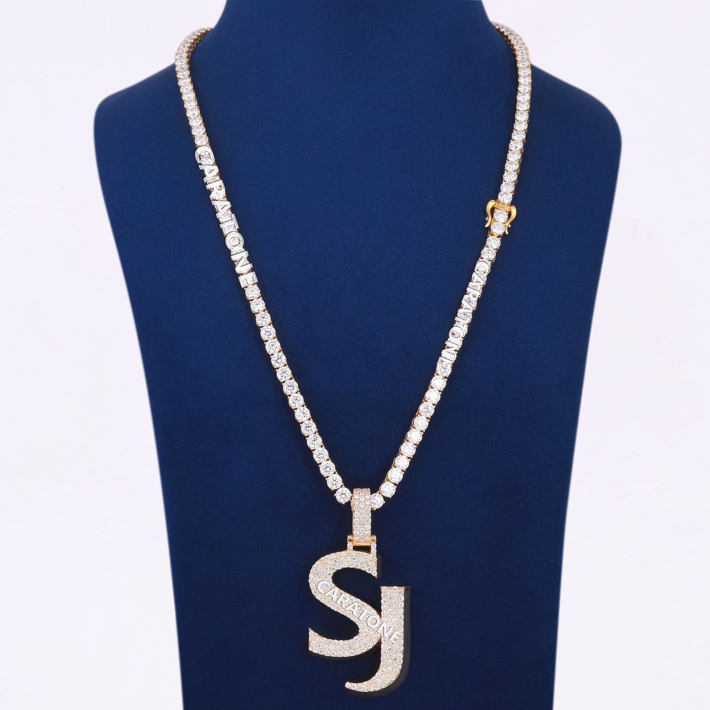 14kt Yellow Gold Chain Pendant Fully Iced Out Round Diamond Tennis Chain with Custom Initial Letter Pendant in Unique Diamond Chain Pendant Luxury Necklace