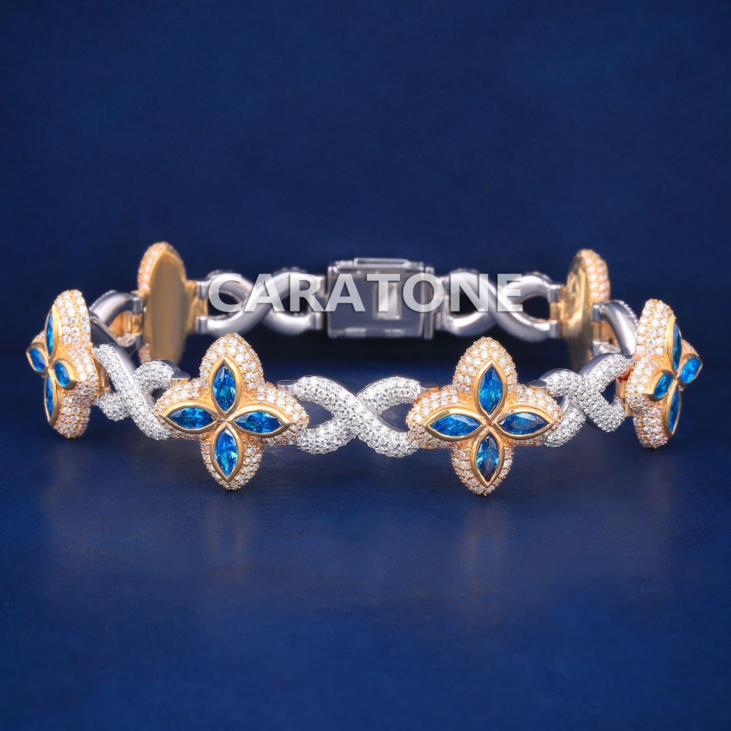 Two Tone Silver & Yellow Gold Fully Customized Rappers Party Wear Four Leaf Blue Diamond Gold Clover Bracelets Mens Womens