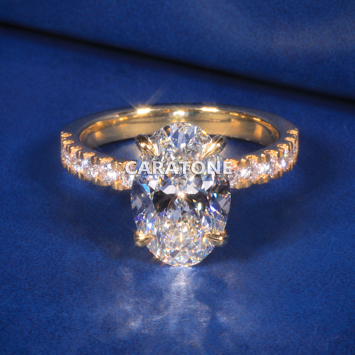 Premium Oval Cut Solitaire Engagement Ring With Brilliant White Center Stone, Sparkling Pave Set Side Stones, Elegant Yellow Gold Tone Band And  Jewelry For Women