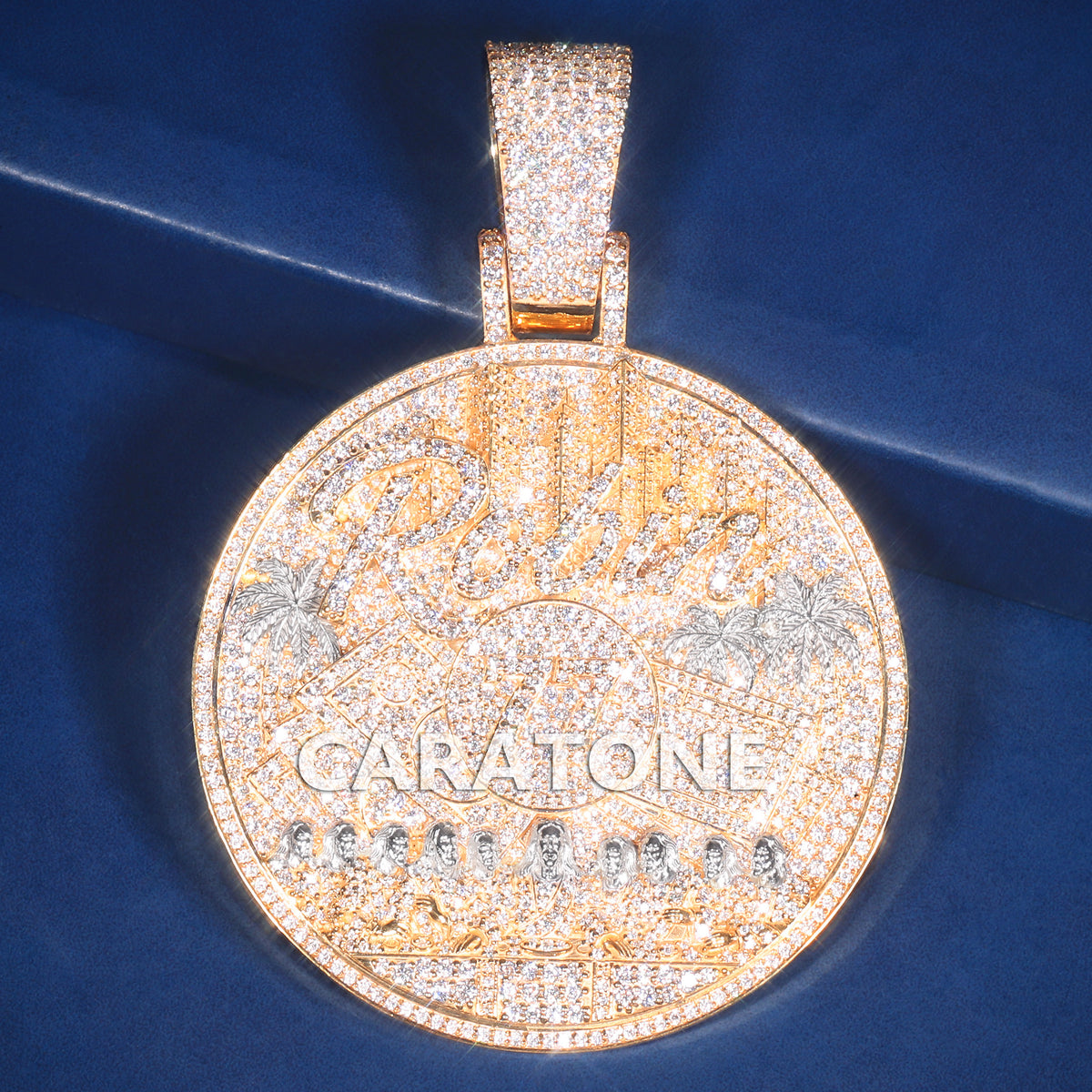 Oversized Round Diamond Statement Pendant with Palm Trees and Architectural Design