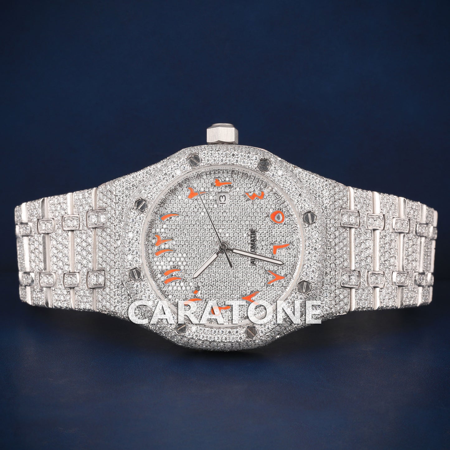 Full iced out Hip hop branded watch with white tone and Orange Arabic numerals in it with Diamond tester passed