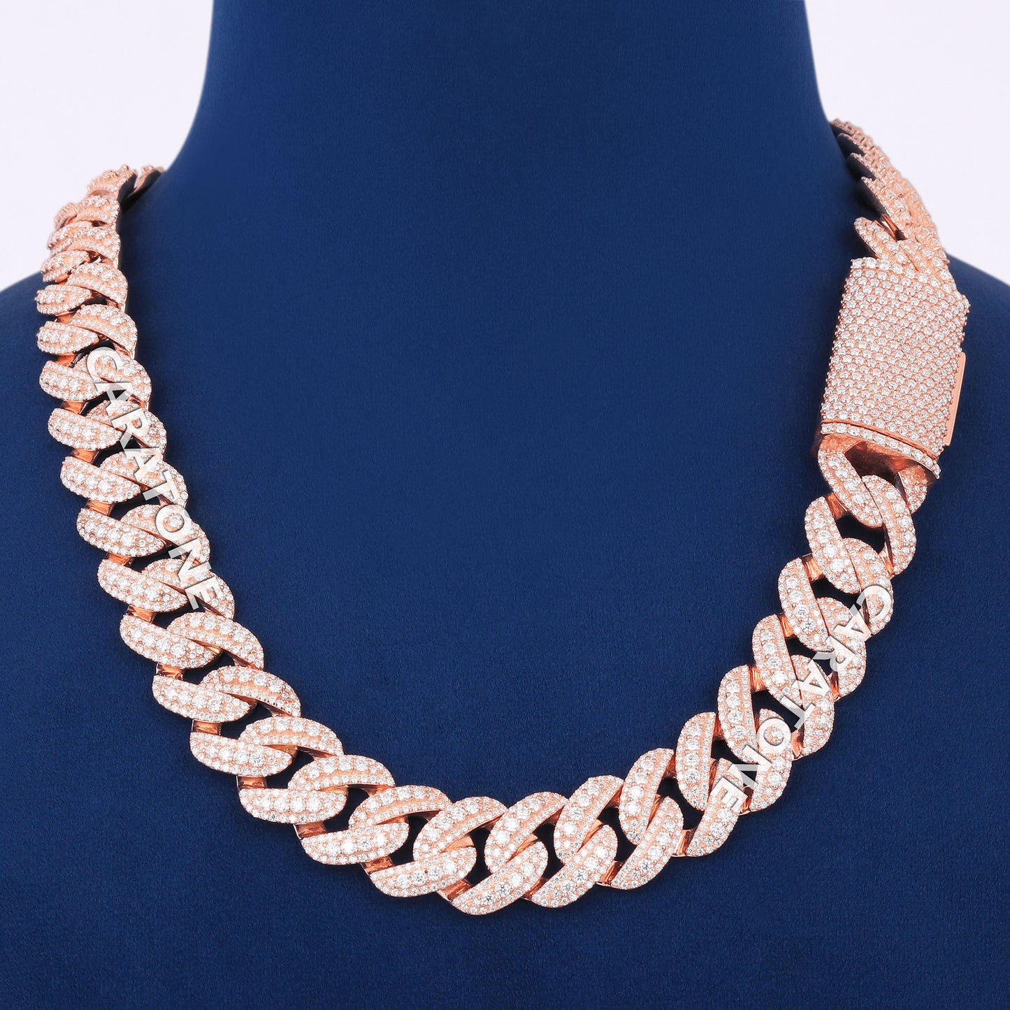 20 inch 18mm Fully Iced Out Rose Gold Miami Cuban Link Chain Necklace Mens