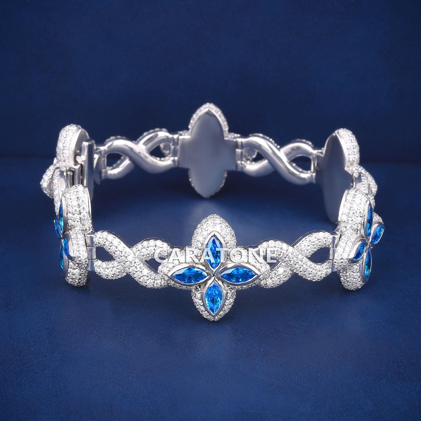 20mm Sterling Silver Blue Marquise and Round Diamonds with Four Leaf Clover Infinity Link Bracelet