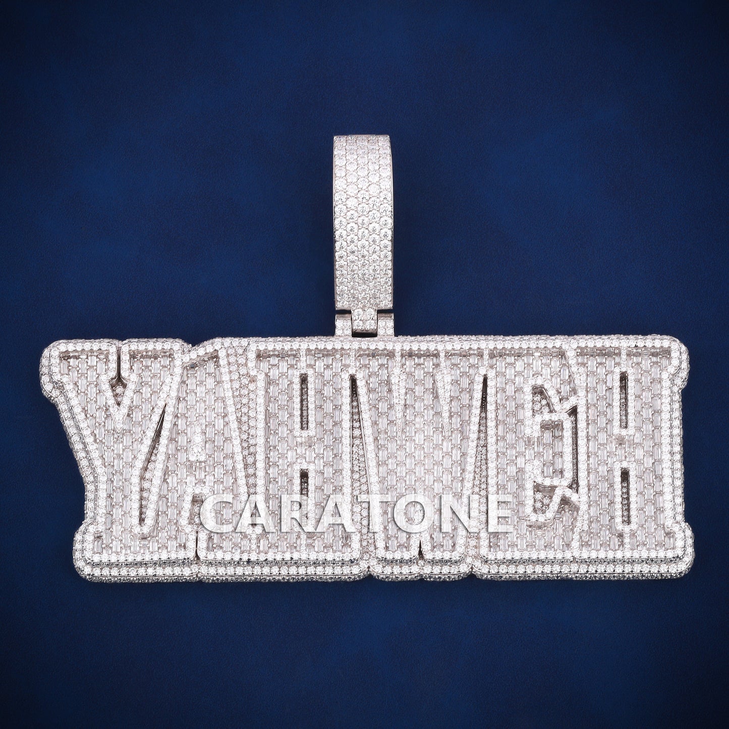 Big statement name pendant customized in 925 silver lab diamond