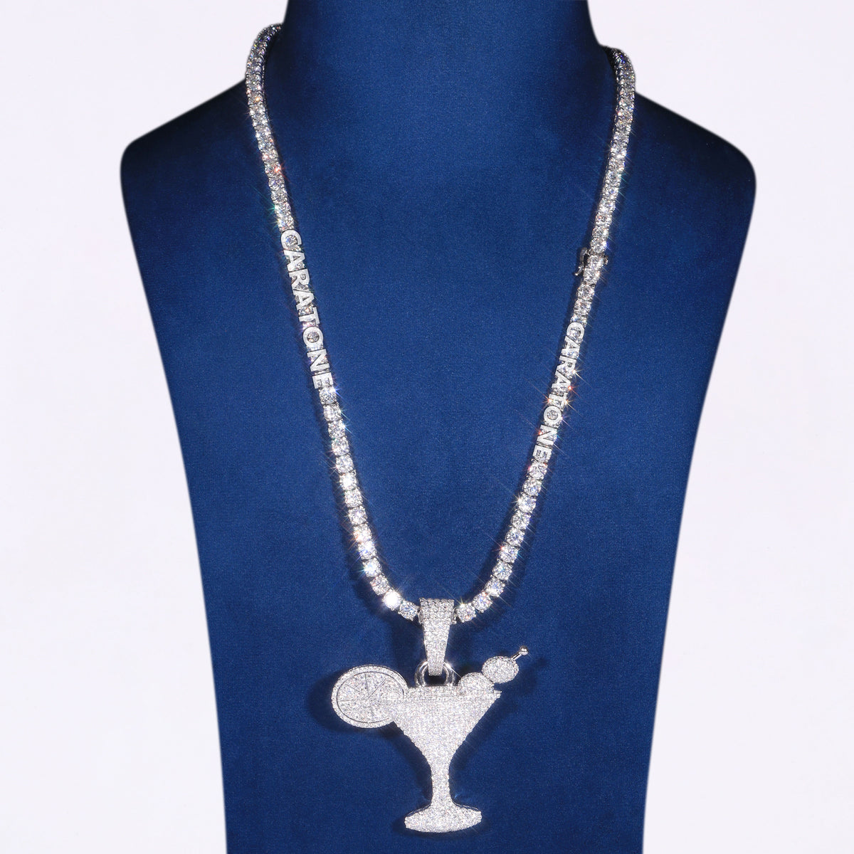 Luxury Diamond Tennis Chain with Cocktail Glass Pendant in White Gold, Iced Out Hip Hop Jewelry, Unique Designer Necklace for Men