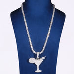 Luxury Diamond Tennis Chain with Cocktail Glass Pendant in White Gold, Iced Out Hip Hop Jewelry, Unique Designer Necklace for Men