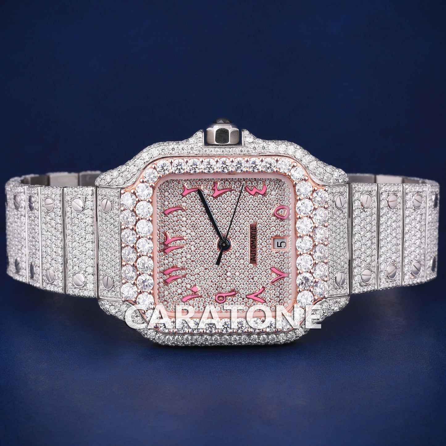 Hip hop full iced out branded watch with pink arabic numerals and diamond tester passed