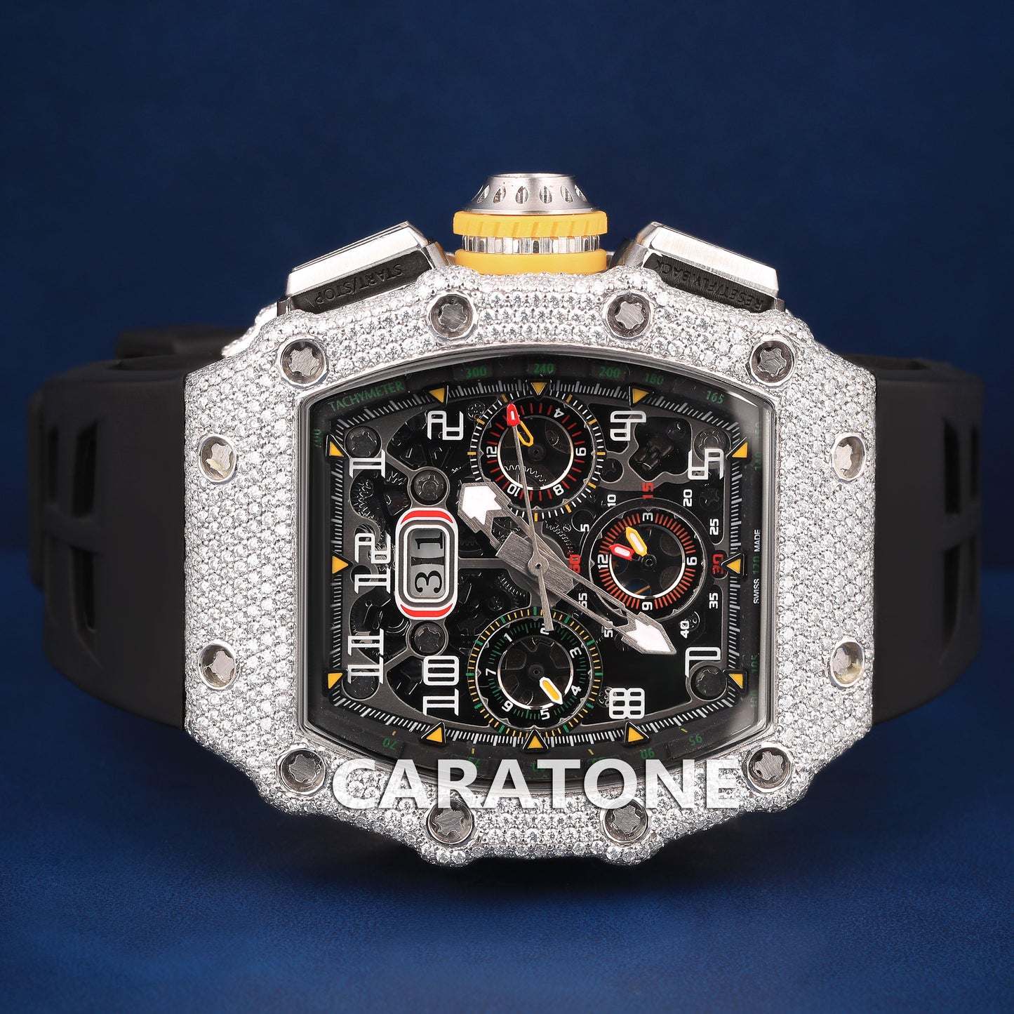 Black band half iced out without dial branded watch