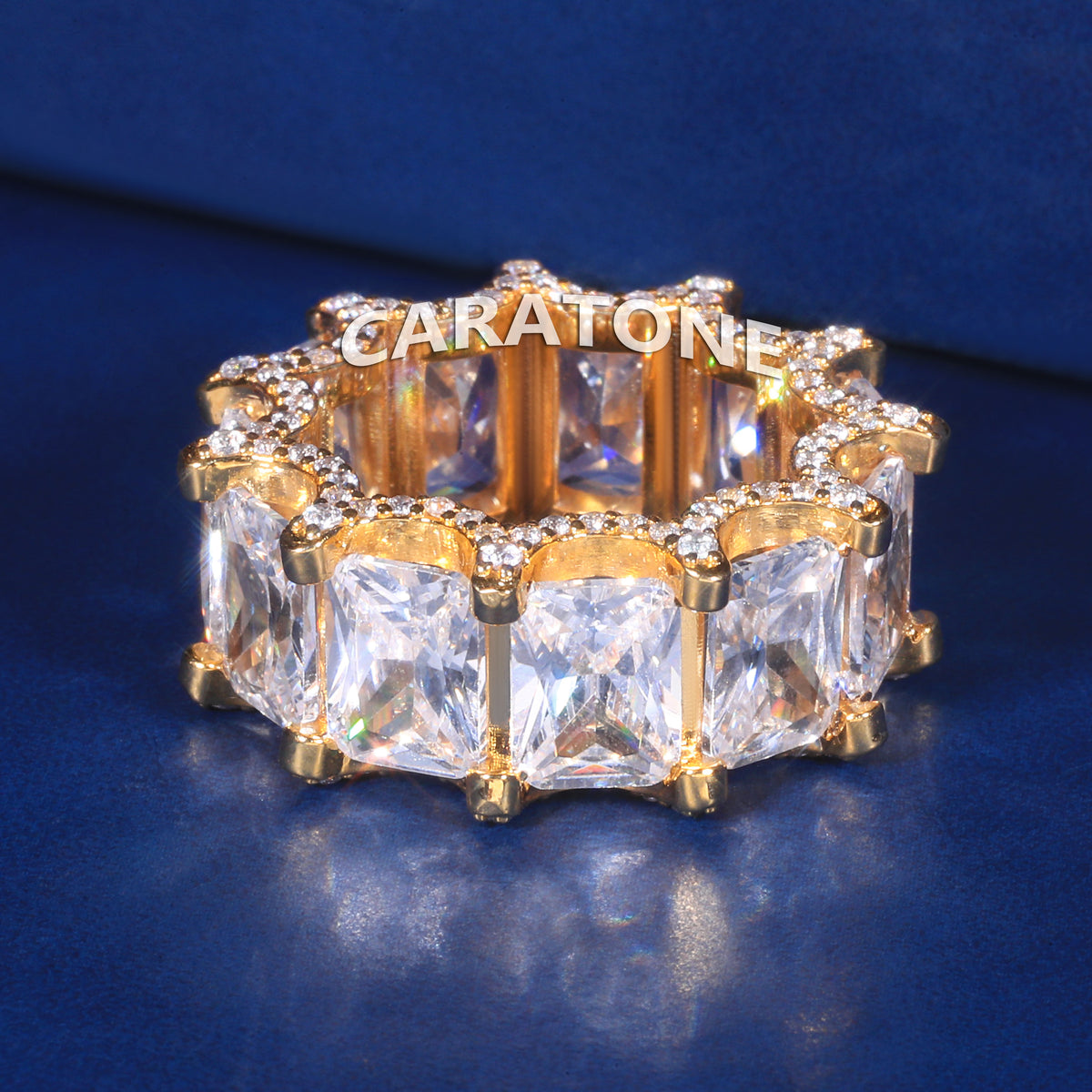Luxury Yellow Gold Plated Princess Cut Lab Grown Diamond Eternity Band Ring