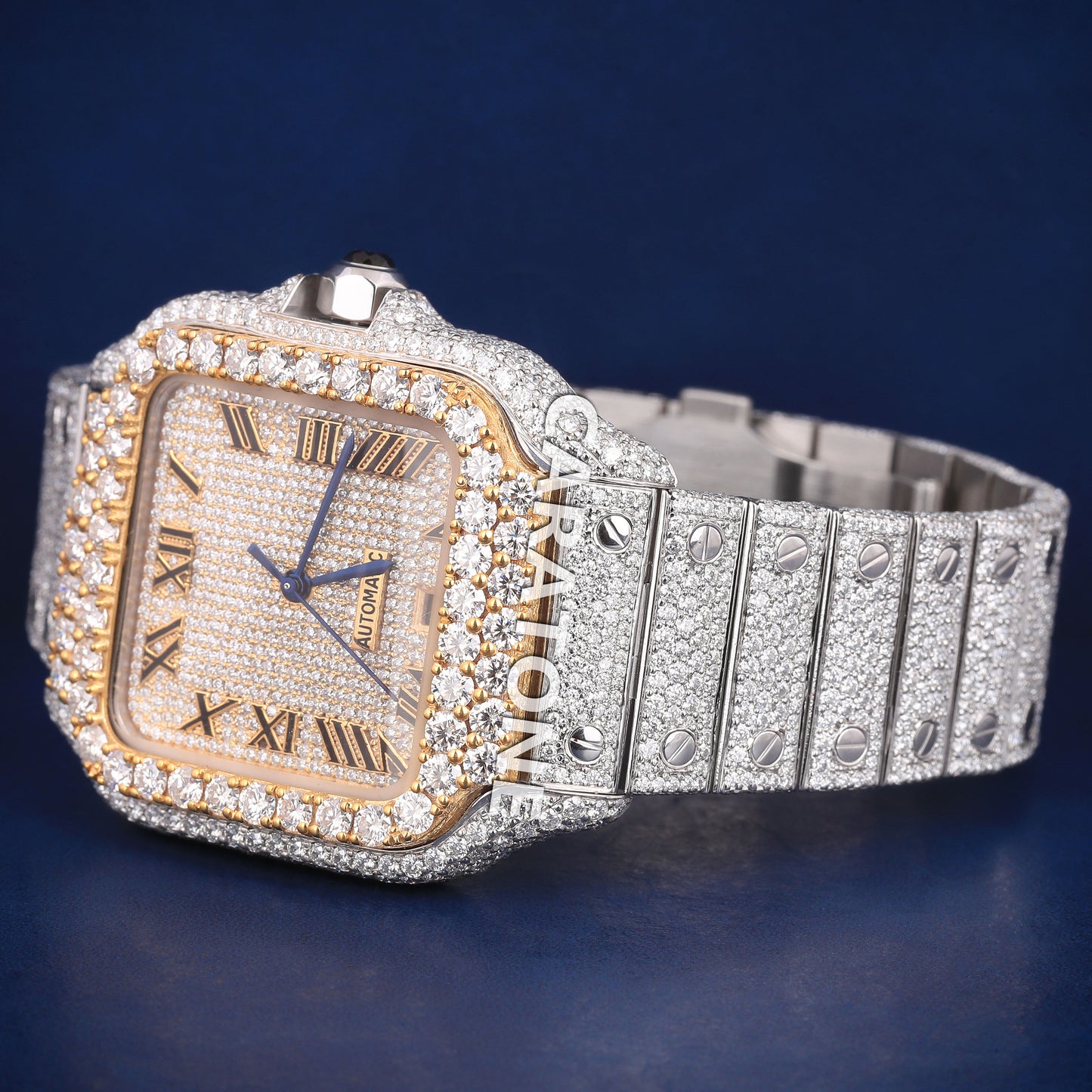 Full iced out hip hop branded watch with roman numerals in it with diamond tester passed