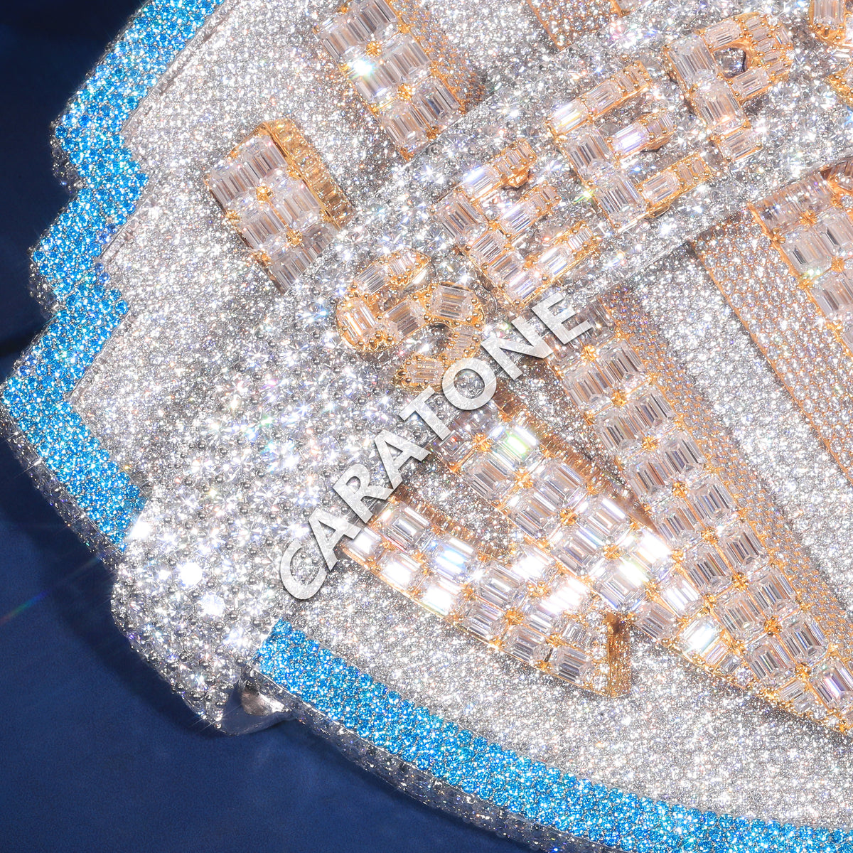 Premium Custom Shield Pendant With Blue & White Labgrown Diamond White Pave Setting And Rose Gold Letter Design