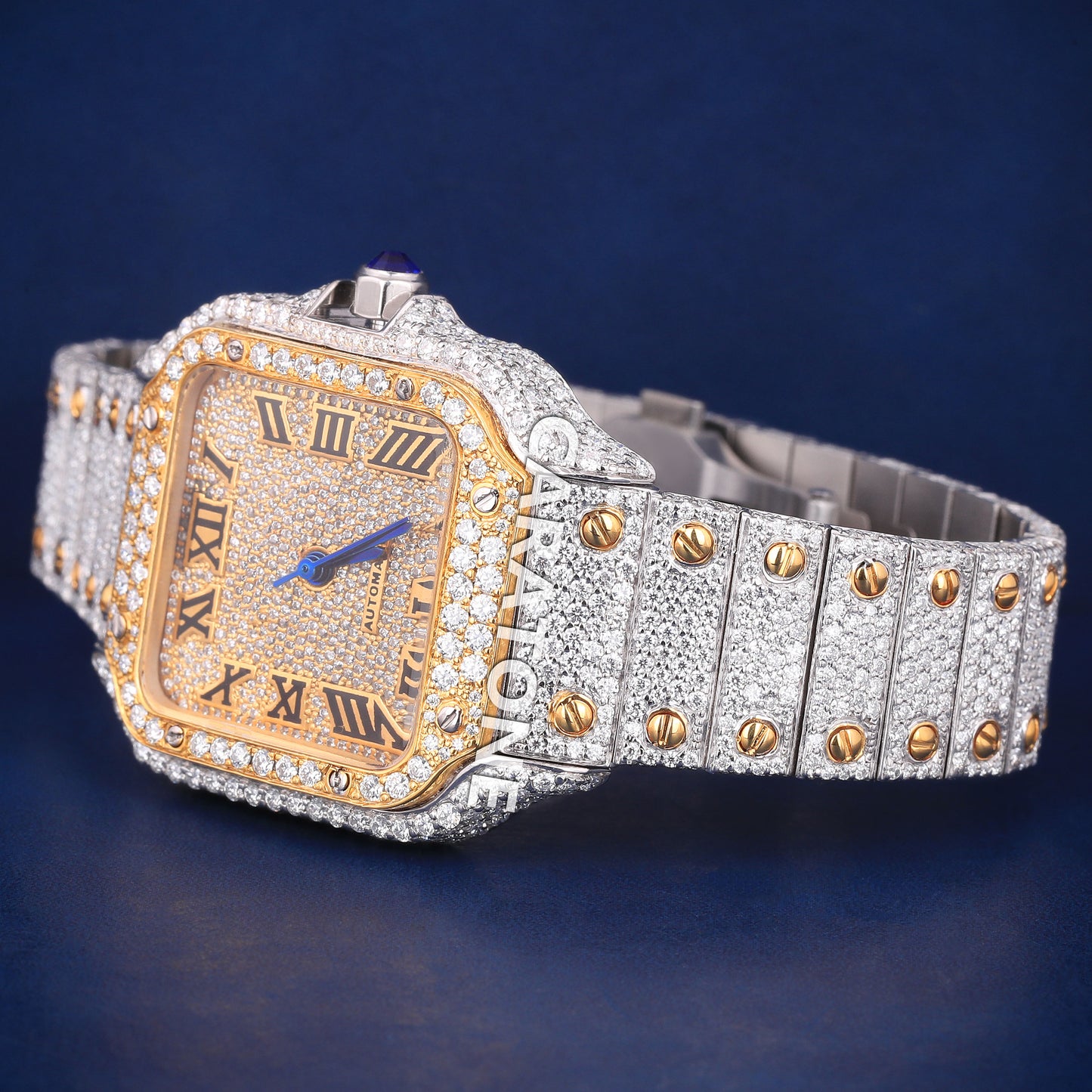 Hip hop full iced out branded watch with two tone and black roman in it and diamond tester passed