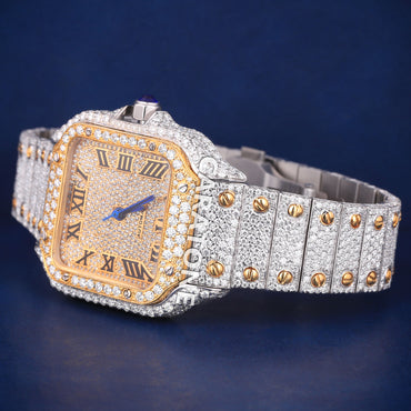 Hip hop full iced out branded watch with two tone and black roman in it and diamond tester passed