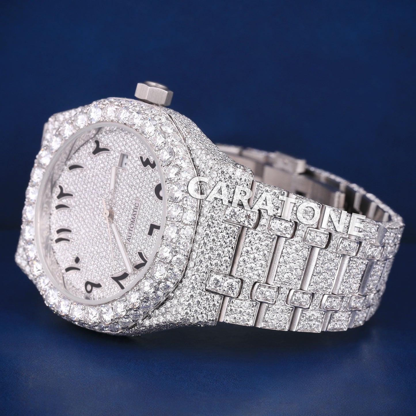 Full iced out hip hop branded watch in white tone with black arabic numerals in dial and diamond tester passed