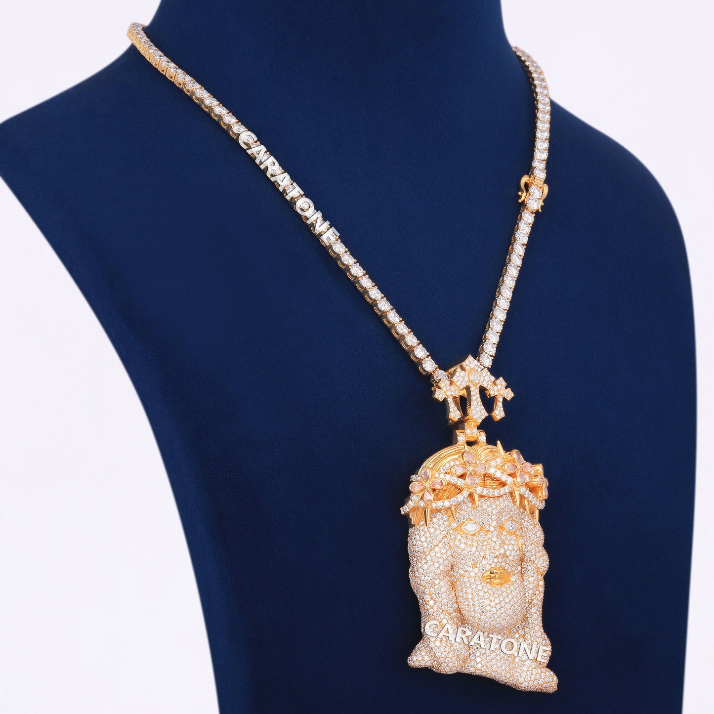 Jesus Custom Piece With 4 MM Tennis Neckalce In 14kt Gold With Lab Diamond