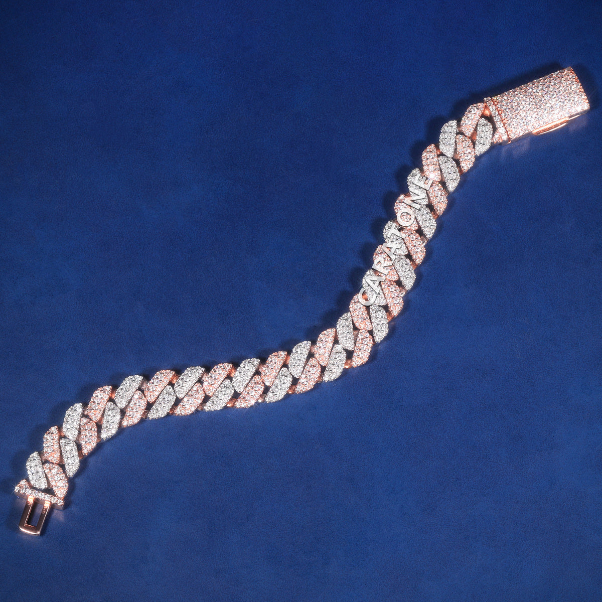 Two Tone Rose Gold & White Gold Fully Iced Out Diamond Cuban Link Bracelet with Pavé Box Clasp