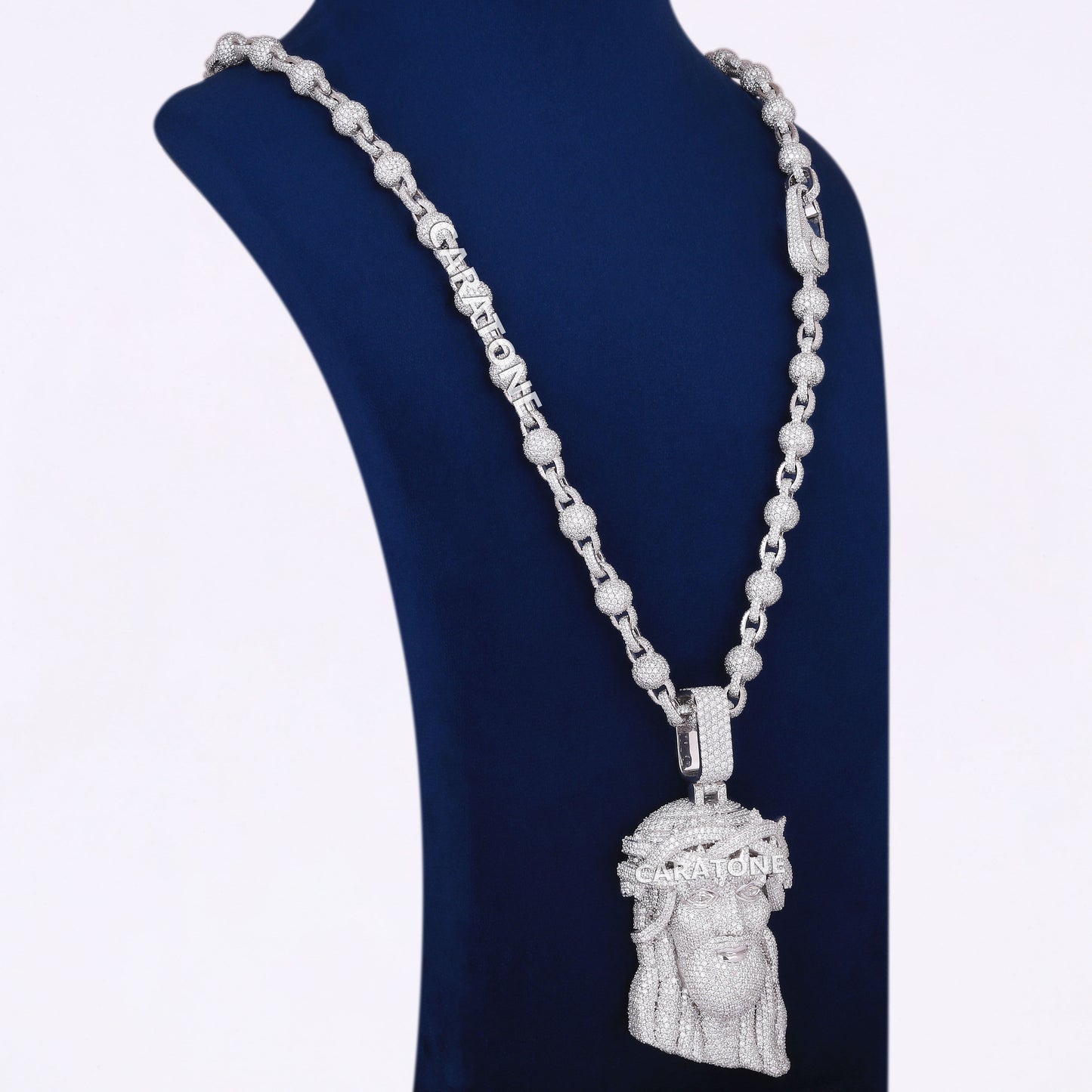 Lab Diamond Ball With Link Style Chain And Jesus Pendant In 925 Sterling Silver