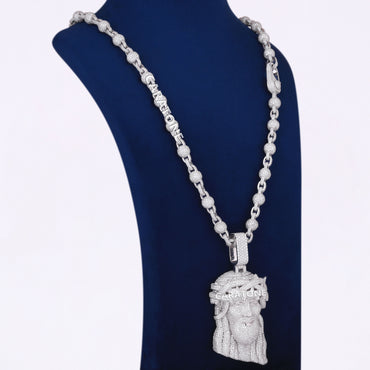 Lab Diamond Ball With Link Style Chain And Jesus Pendant In 925 Sterling Silver