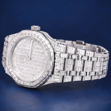 Full iced out Hip hop branded watch with full of baguette diamond in white tone and with D VVS clarity
