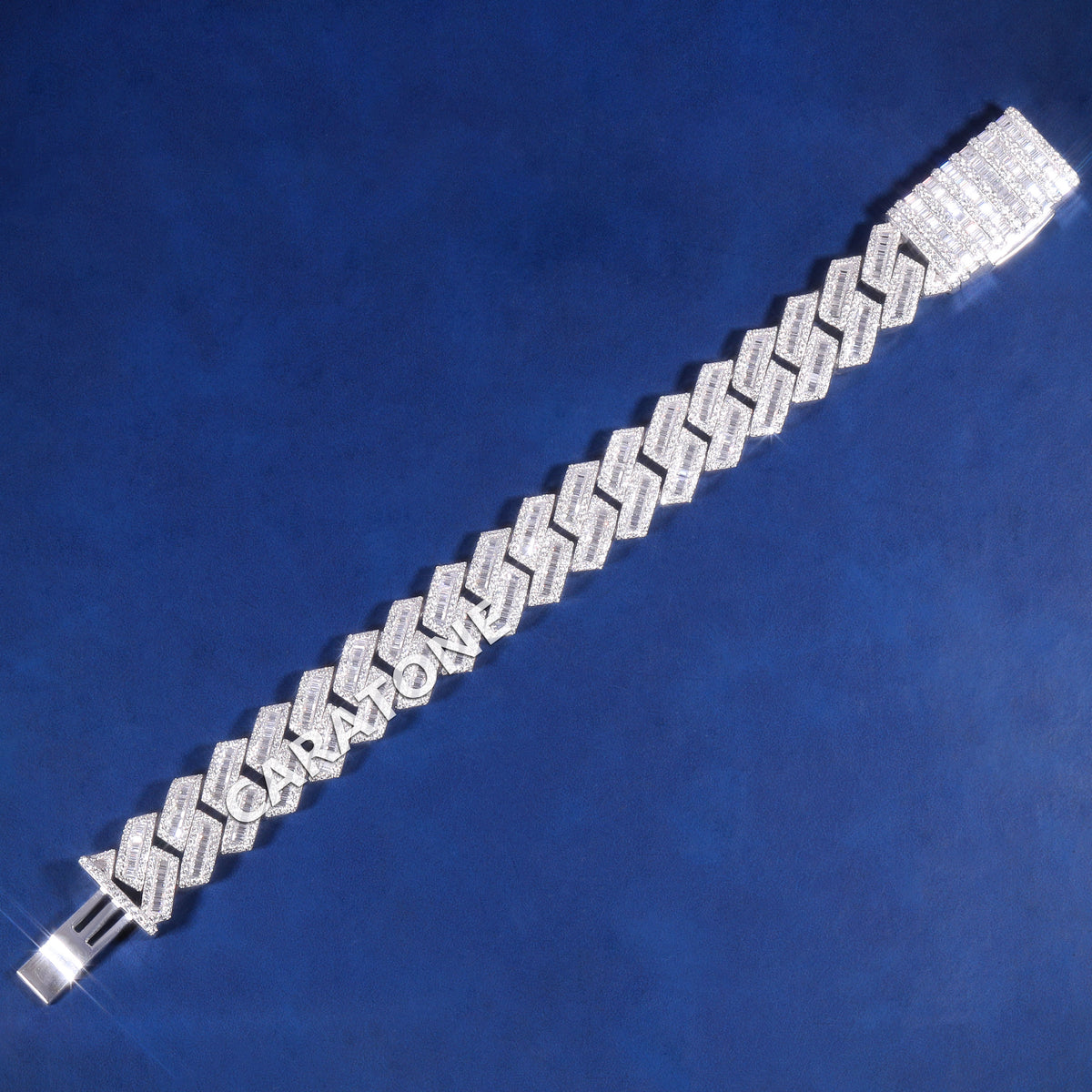 Elegant Iced Out Diamond Link Bracelet in White Gold, Premium Baguette and Pave Stone Setting, Unique Hip Hop Luxury Jewelry for Men