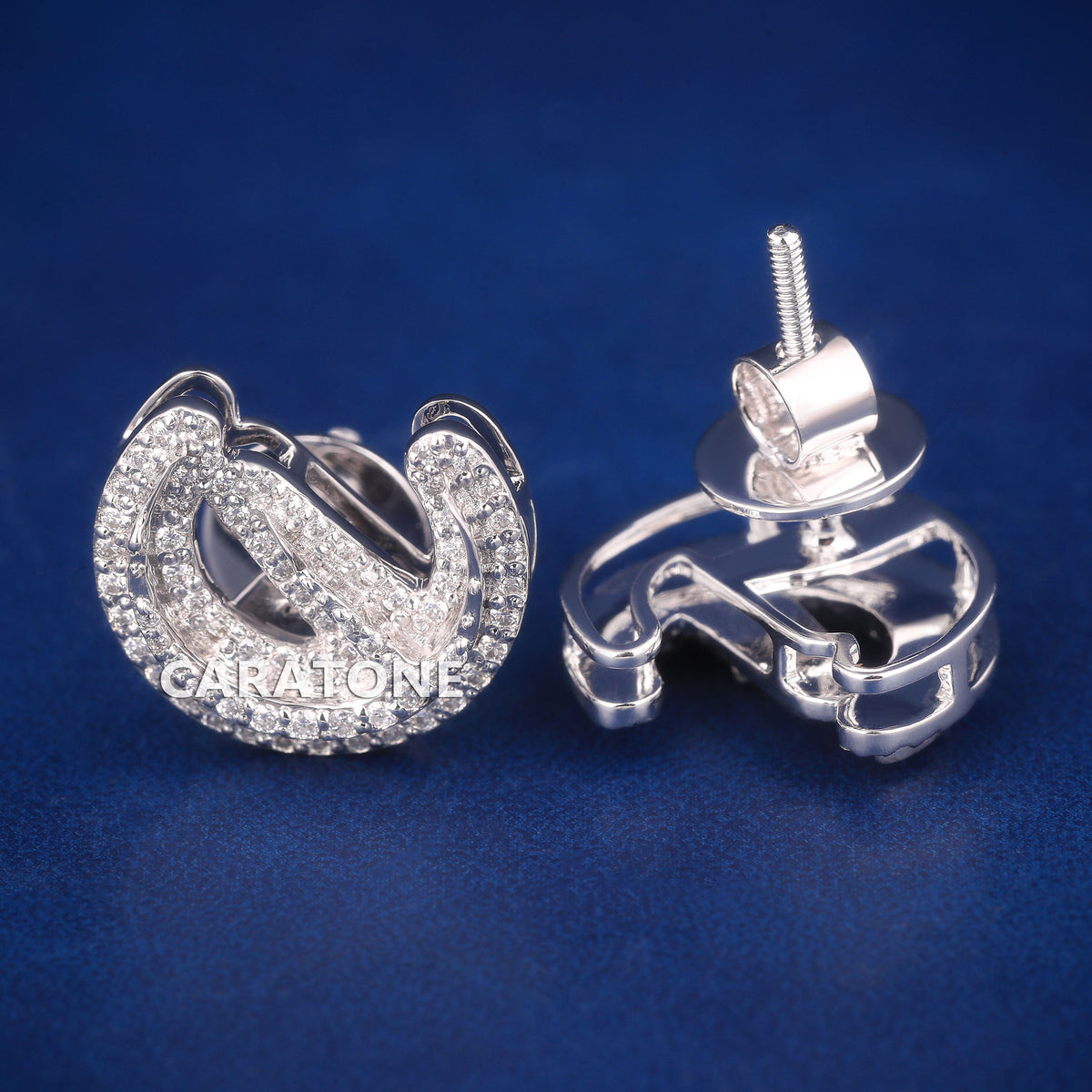 Custom Double-Layer Horseshoe Diamond Stud Earrings in White Gold Finish