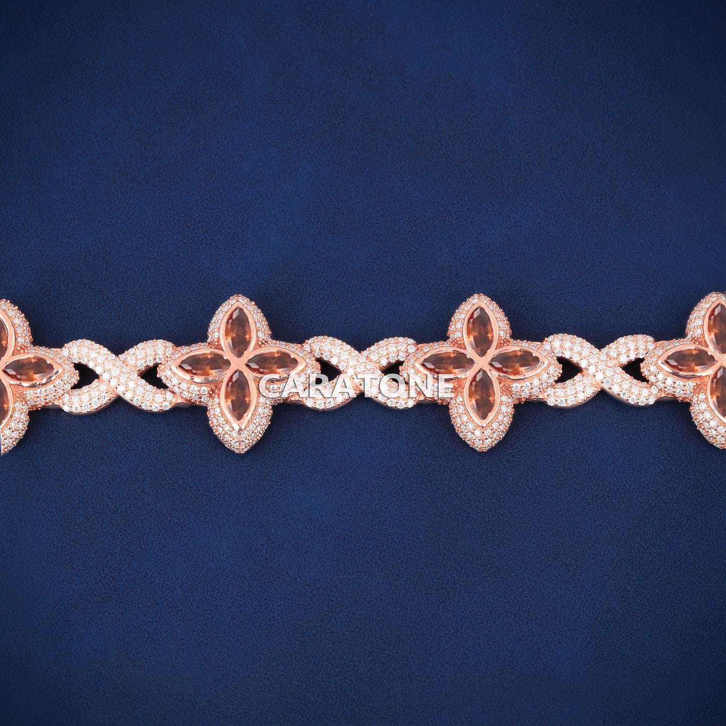 8.5 Inch 9mm Rose Gold Diamond Clover Bracelet Fully Iced Out Lucky Charm and Exclusive Hip Hop Style