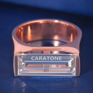 Baguette Solitaire Ring Horizontal Lab Grown Diamond Engagement Ring for Men Fully Rose Gold Iced Out Custom Unique Wedding Rings