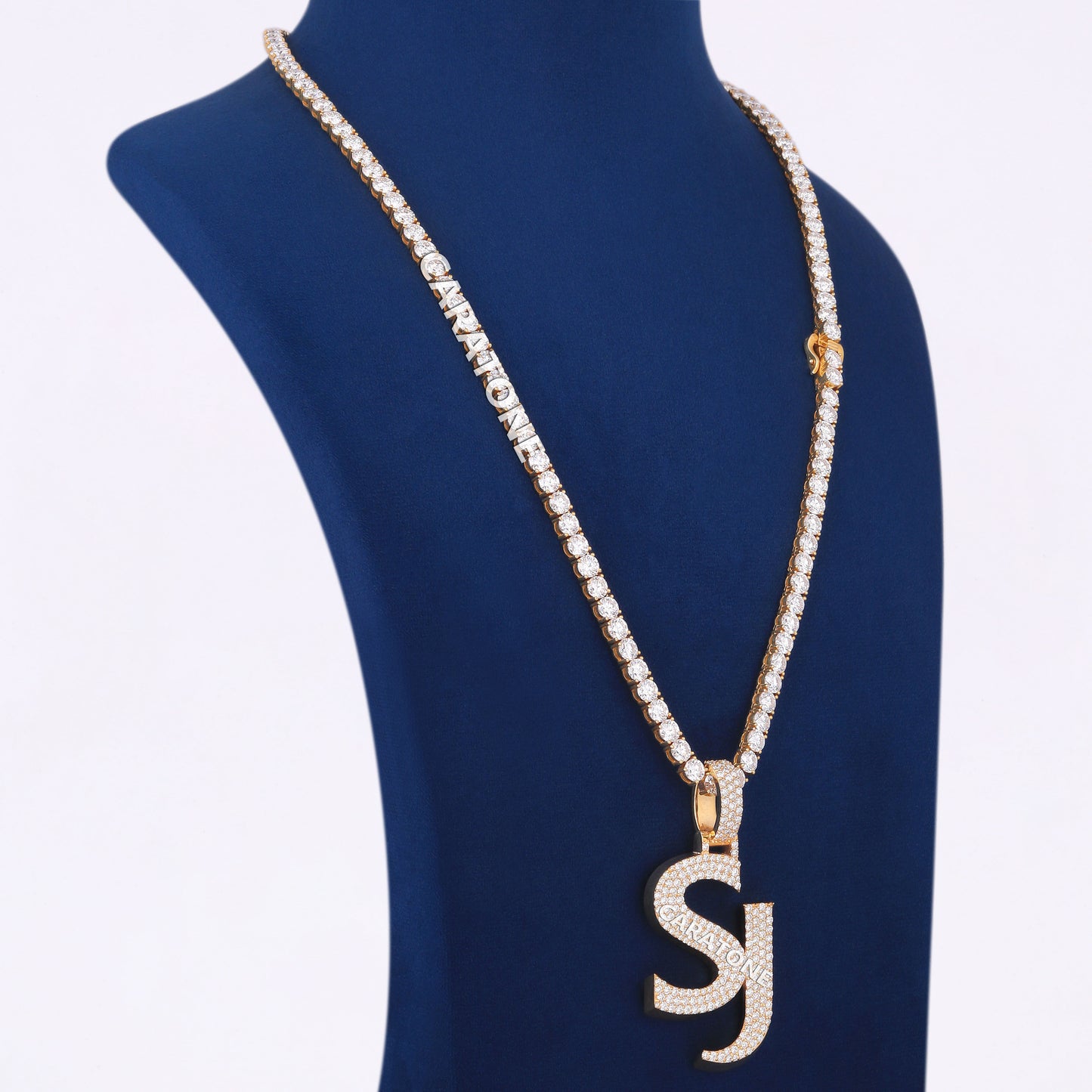 14kt Yellow Gold Chain Pendant Fully Iced Out Round Diamond Tennis Chain with Custom Initial Letter Pendant in Unique Diamond Chain Pendant Luxury Necklace
