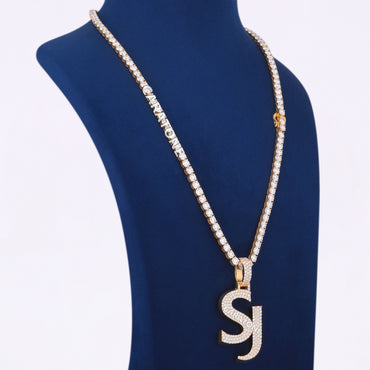 14kt Yellow Gold Chain Pendant Fully Iced Out Round Diamond Tennis Chain with Custom Initial Letter Pendant in Unique Diamond Chain Pendant Luxury Necklace