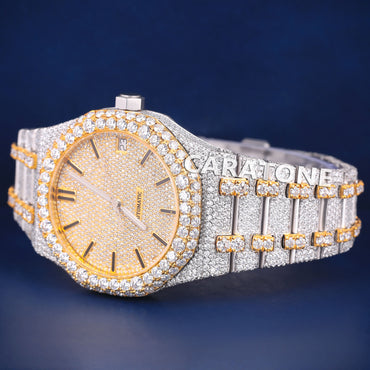Mens Iced Out Watches Two Tone Silver Yellow Gold Plated Bust Down Moissanite Watch