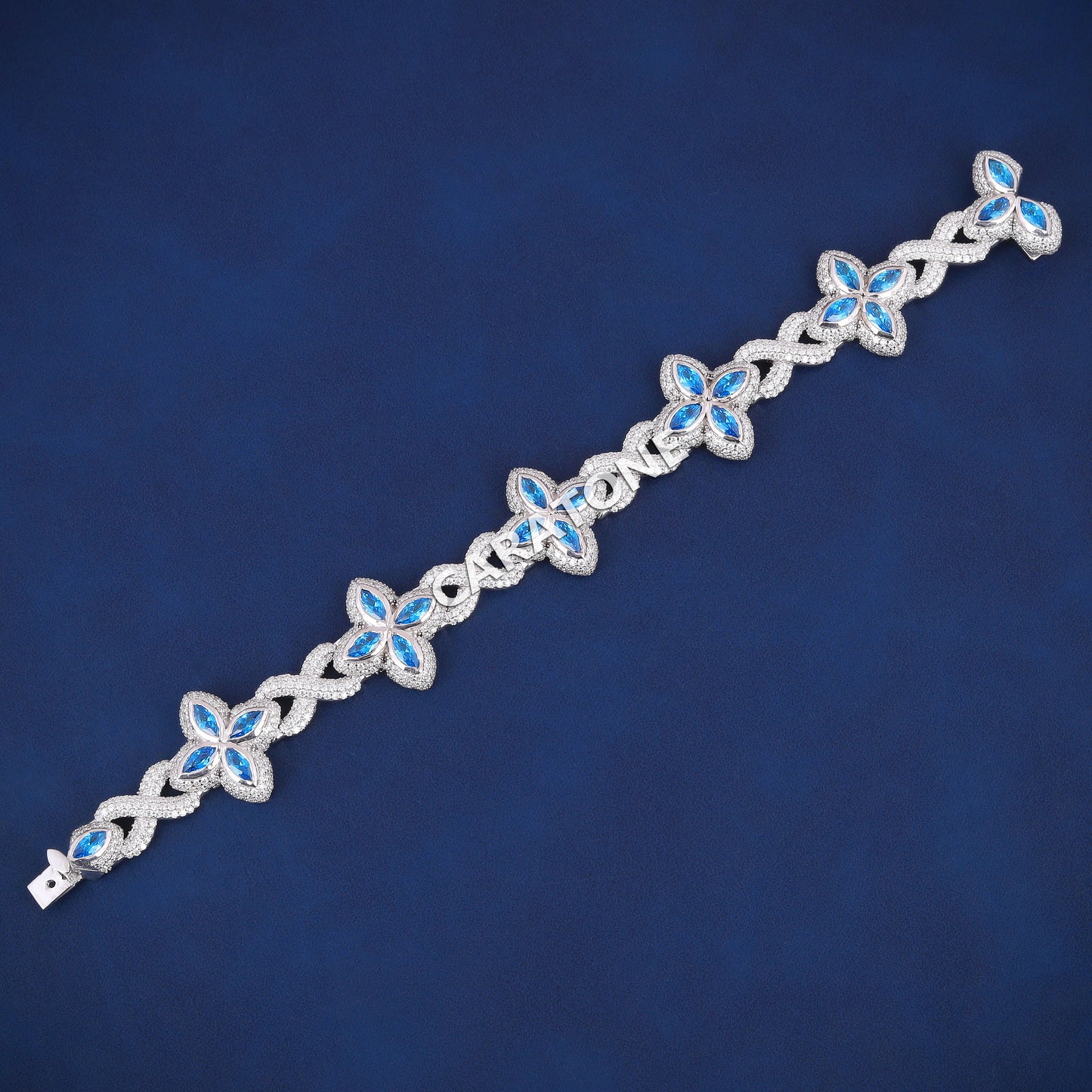 20mm Sterling Silver Blue Marquise and Round Diamonds with Four Leaf Clover Infinity Link Bracelet