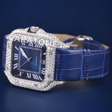 White Diamond Watches for Men Roman Square Blue Dial Moissanite Diamond Leather Strap Watches Iced Out Most Expensive Luxury Watches