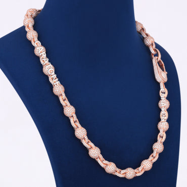 Mens 10mm Fully Rose Gold Ball Link Chain Necklace 22 inch Iced Ball Chain Beaded Gold Chain Necklace Rapper for Unisex