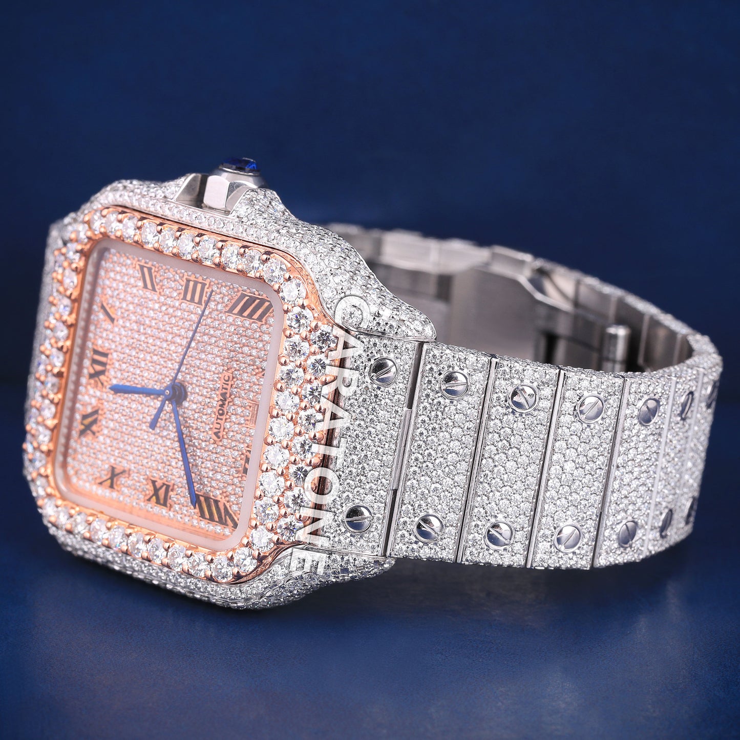 Full iced out hip hop branded watch in two tone with black roman in dial with D VVS clarity