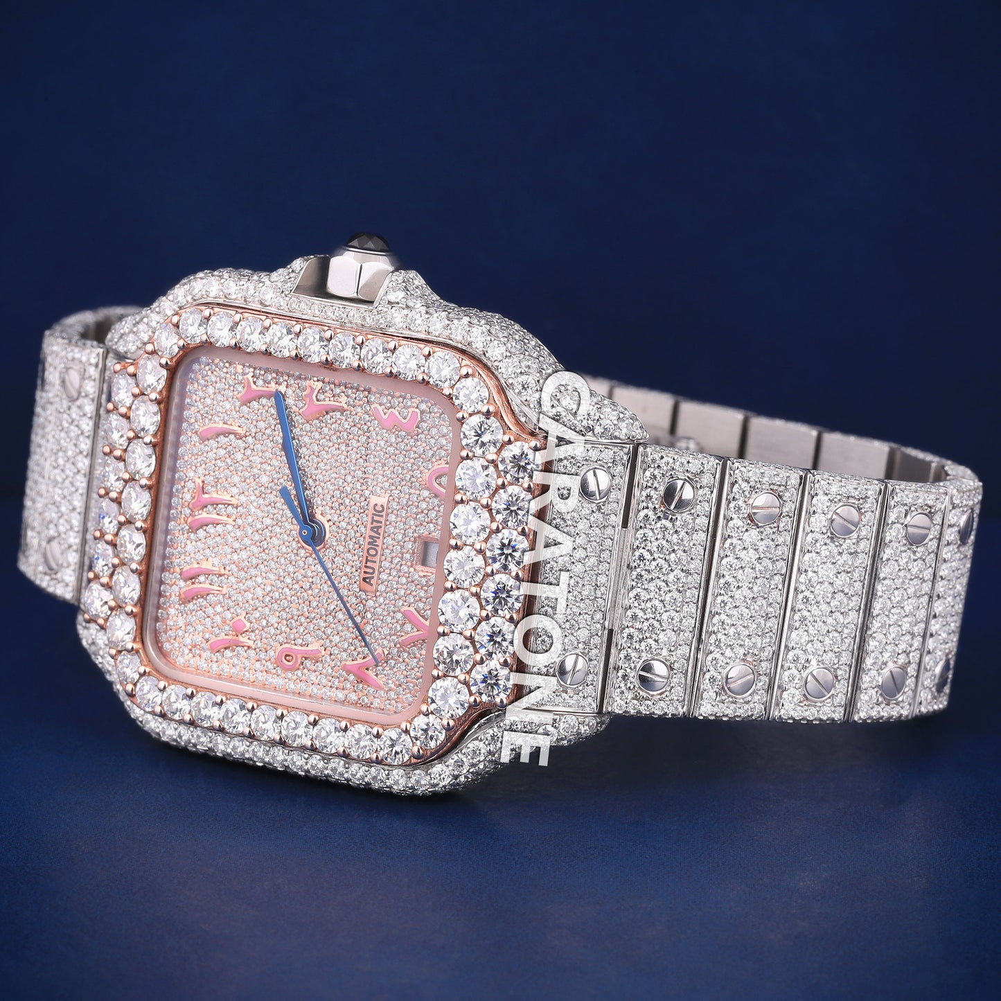 Hip hop full iced out branded watch with pink arabic numerals and diamond tester passed