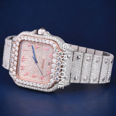 Hip hop full iced out branded watch with pink arabic numerals and diamond tester passed