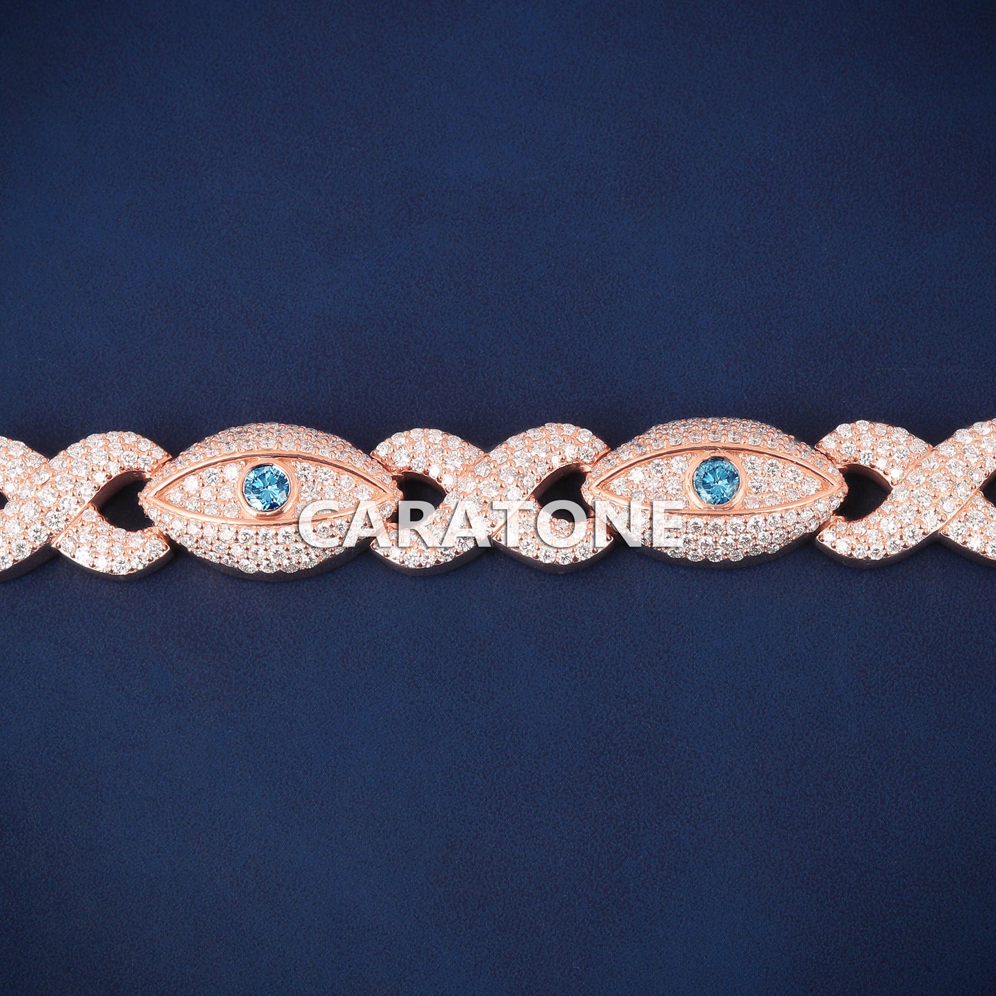 7 Inch 12.5mm Rose Gold Infinity Eye Bracelet Iced Out with Blue Diamonds for Regal Essence