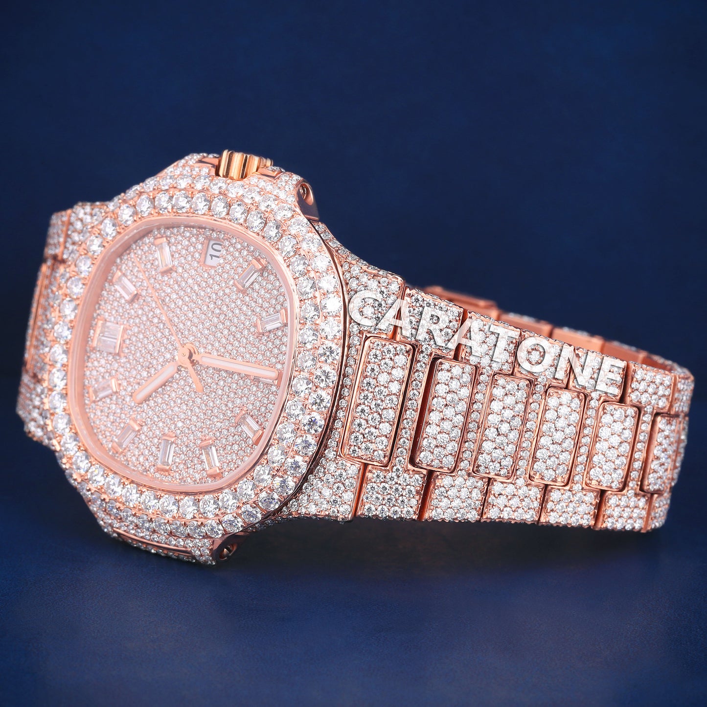 Full iced out hip hop branded watch in rose gold tone with diamond tester passed