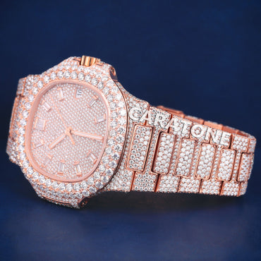 Full iced out hip hop branded watch in rose gold tone with diamond tester passed