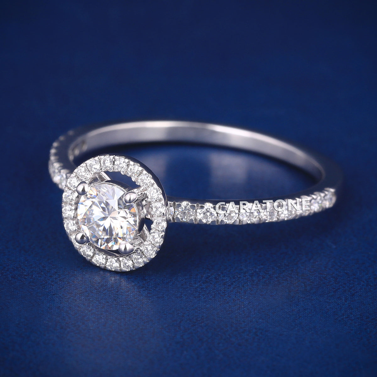Exclusive Premium Halo Solitaire Ring With Round Brilliant Cut Center Stone, Sparkling White CZ Halo Setting, Elegant Pave Stone Band And Engagement Jewelry For Women