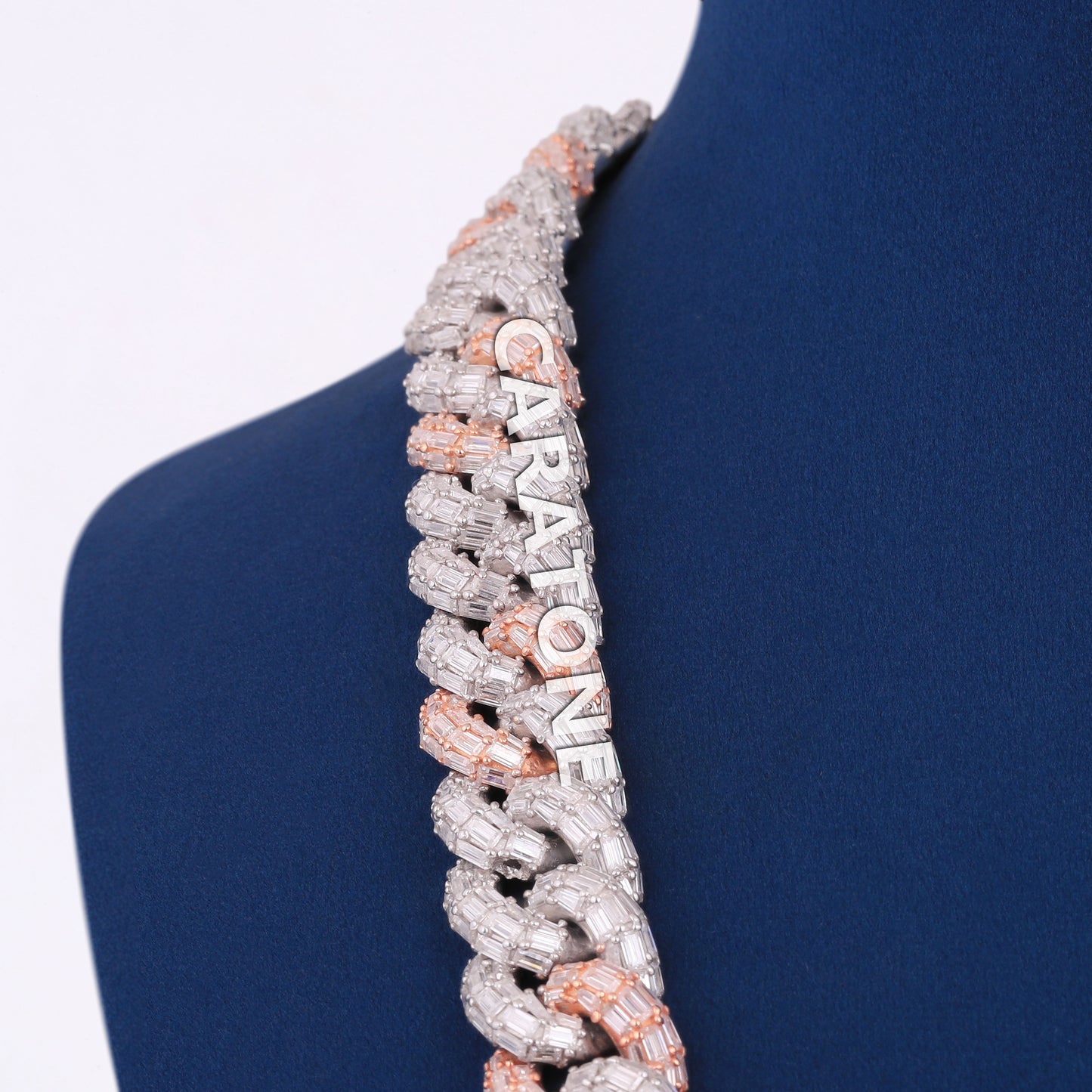 22 inch 15mm Fully Iced New Baguette Figaro Link Chain with Two Tone Silver & Rose Gold Rappers Iced Out Chains in Mens Custom HipHop Chain