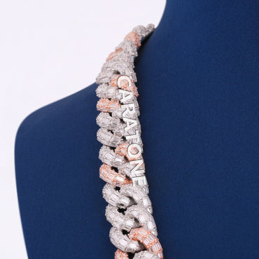 22 inch 15mm Fully Iced New Baguette Figaro Link Chain with Two Tone Silver & Rose Gold Rappers Iced Out Chains in Mens Custom HipHop Chain