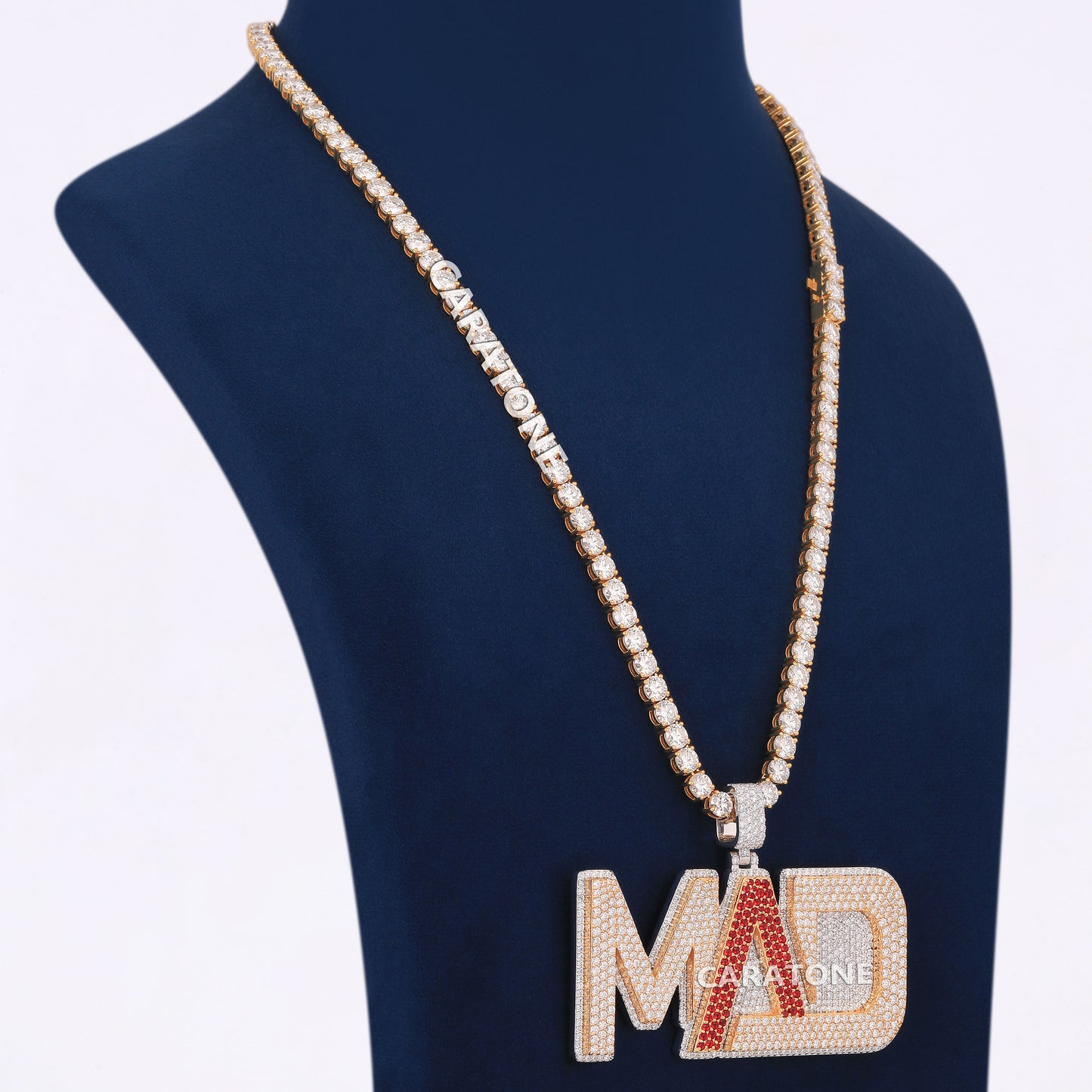 Unique Two Tone Full Iced Pendant With Lab Diamond Tennis Necklace