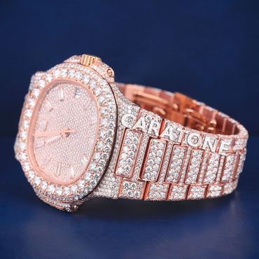 Full iced out hip hop branded watch in rose gold tone with baguette diamonds in dial and diamond tester passed
