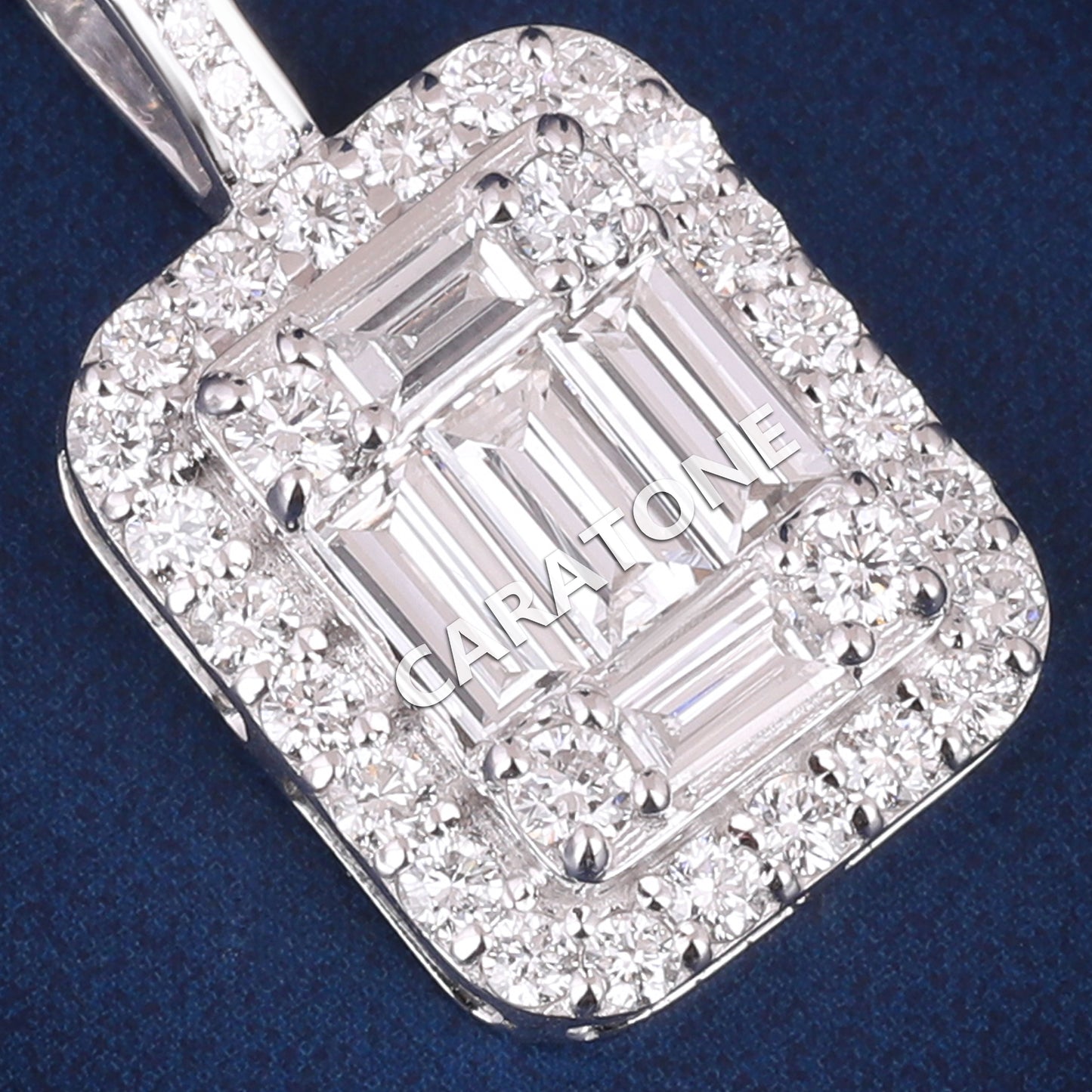 Luxurious 925 Sterling Silver Pendants Necklace with Baguette Diamond Halo Design Small Pendant Necklaces