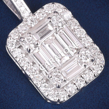 Luxurious 925 Sterling Silver Pendants Necklace with Baguette Diamond Halo Design Small Pendant Necklaces