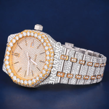 Full iced out hip hop branded watch in two tone and it is of D VVS clarity