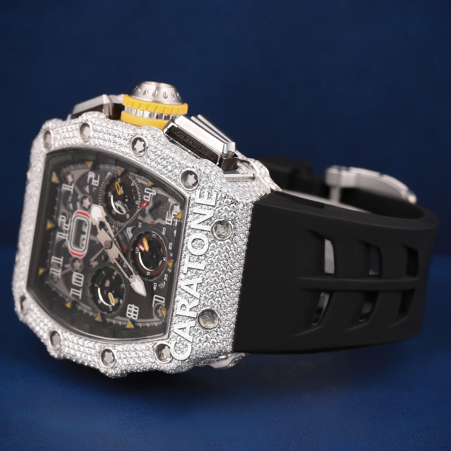 Black band half iced out without dial branded watch