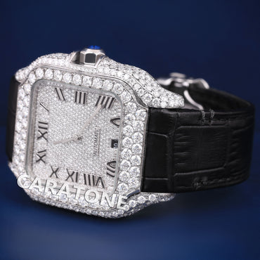 Mens Black Leather Belt Watch Fully Iced Out Silver Diamond Dial with Roman Numeral VVS Hiphop Watch