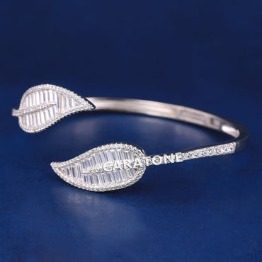 Buy Luxurious Custom White Gold Leaf Bangle Bracelet with Baguette and Round cut Diamonds Wedding Gift Bracelet for Her